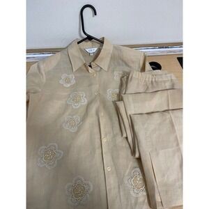 J.M.P. Womens 2 Piece Pant Set Beige Floral Lace Applique Button Down Shirt L